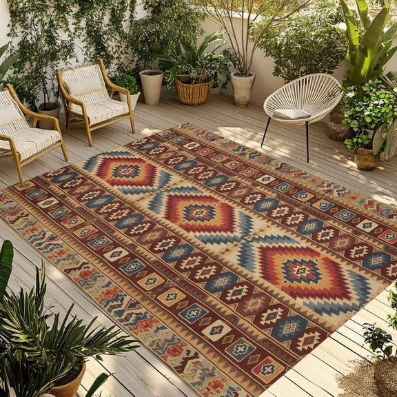 Fsddascl Retro Southwest Outdoor Rug for Patio/Deck/Porch, Non-Slip Large Area Rug 5 x 8 Ft, Boho Aztec Tribal Abstract Geometric Indoor Outdoor Rugs Washable Area Rugs, Camping Rug Carpet