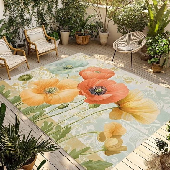 Fsddascl Retro Spring Floral Outdoor Rug for Patio/Deck/Porch, Non-Slip Large Area Rug 5 x 8 Ft, Watercolor Farmhouse Summer Flowers Indoor Outdoor Rugs Washable Area Rugs, Camping Rug Carpet