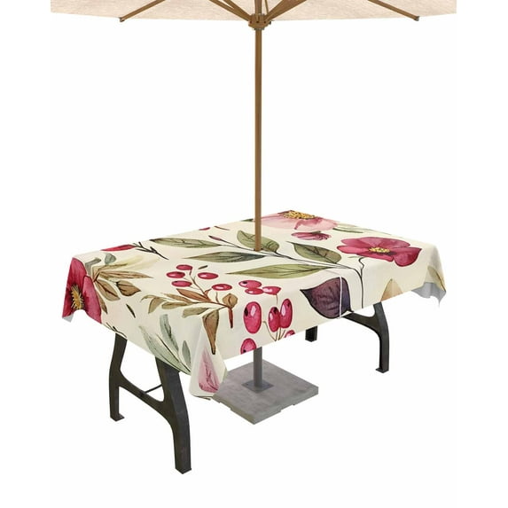 Fsddascl Retro Spring Floral Outdoor Tablecloth - 60x102 Inch Rectangle Dining Table Cover, Summer Botanical Pink Flower Waterproof Outdoor Table Cloth with Umbrella Hole & Zipper for Picnic/Patio