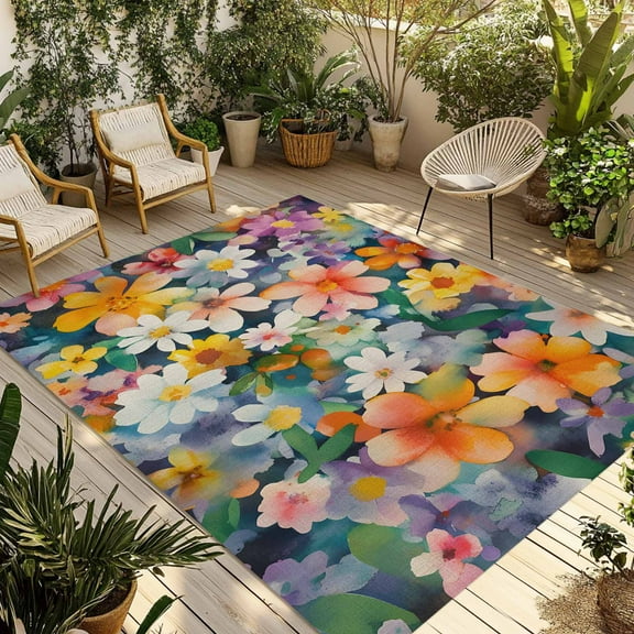 Fsddascl Retro Spring Wildflowers Outdoor Rug for Patio/Deck/Porch, Non-Slip Large Area Rug 4 x 6 Ft, Pastoral Floral Country Plants Indoor Outdoor Rugs Washable Area Rugs, Camping Rug Carpet
