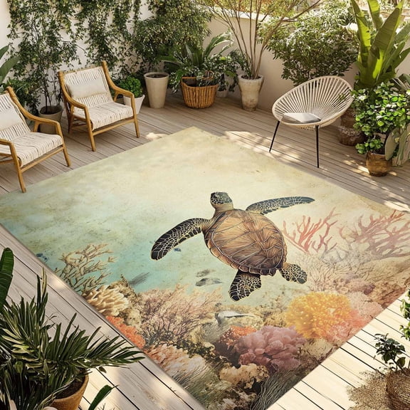 Fsddascl Retro Turtle Outdoor Rug for Patio/Deck/Porch, Non-Slip Large Area Rug 5 x 8 Ft, Ocean Coral Reef Coastal Underwater Sea Indoor Outdoor Rugs Washable Area Rugs, Camping Rug Carpet