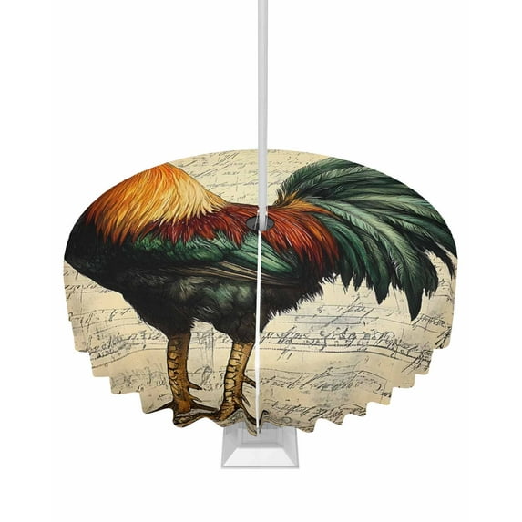 Fsddascl Rooster Outdoor Tablecloth - 60 Inch Round Dining Table Cover, Vintage Farmhouse Animal Portrait Aesthetic Waterproof Outdoor Table Cloth with Umbrella Hole & Zipper for Picnic/Patio/Party
