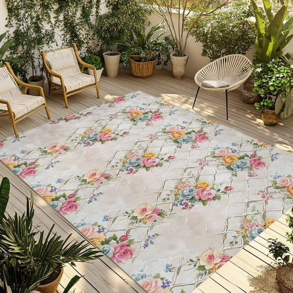 Fsddascl Roses Floral Outdoor Rug for Patio/Deck/Porch, Non-Slip Large Area Rug 4 x 6 Ft, Rustic Vintage Luxury Flowers Botanical Indoor Outdoor Rugs Washable Area Rugs, Camping Rug Carpet