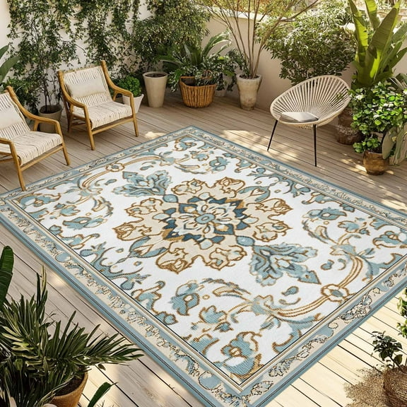 Fsddascl Rustic Aztec Outdoor Rug for Patio/Deck/Porch, Non-Slip Large Area Rug 5 x 8 Ft, Farmhouse Southwest Ethnic Floral Aesthetic Indoor Outdoor Rugs Washable Area Rugs, Camping Rug Carpet