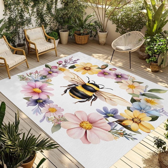 Fsddascl Rustic Bee Garland Outdoor Rug for Patio/Deck/Porch, Non-Slip Large Area Rug 4 x 6 Ft, Spring Watercolor Flowers Indoor Outdoor Rugs Washable Area Rugs, Reversible Camping Rug Carpet Runner
