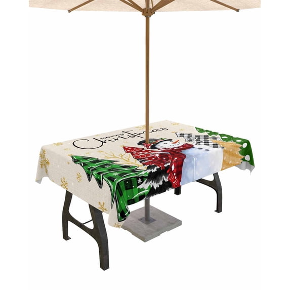 Fsddascl Rustic Christmas Outdoor Tablecloth - 60x84 Inch Rectangle Dining Table Cover, Xmas Snowman Snowflake Tree Green Waterproof Outdoor Table Cloth with Umbrella Hole & Zipper for Picnic/Patio