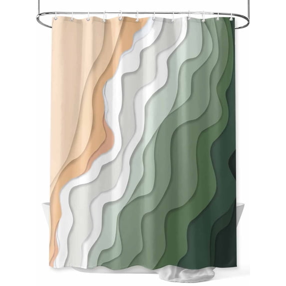 Fsddascl Sage Green Beach Shower Curtain Set - 48" x 72" Washable Bathtub Curtain with 12 Hooks, Farmhouse Coastal Ombre Sea Waves Art Waterproof Fabric Stall Shower Curtains for Bathroom/Bathtub