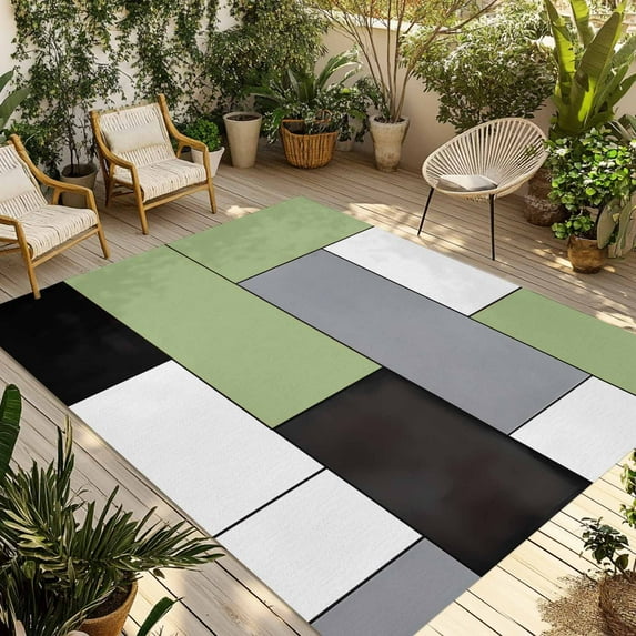 Fsddascl Sage Green Black Grey Outdoor Rug for Patio/Deck, Non-Slip Large Area Rug 6 x 9 Ft, Modern Irregular Geometric Abstract Indoor Outdoor Rugs Washable Area Rugs, Reversible Camping Rug Carpet