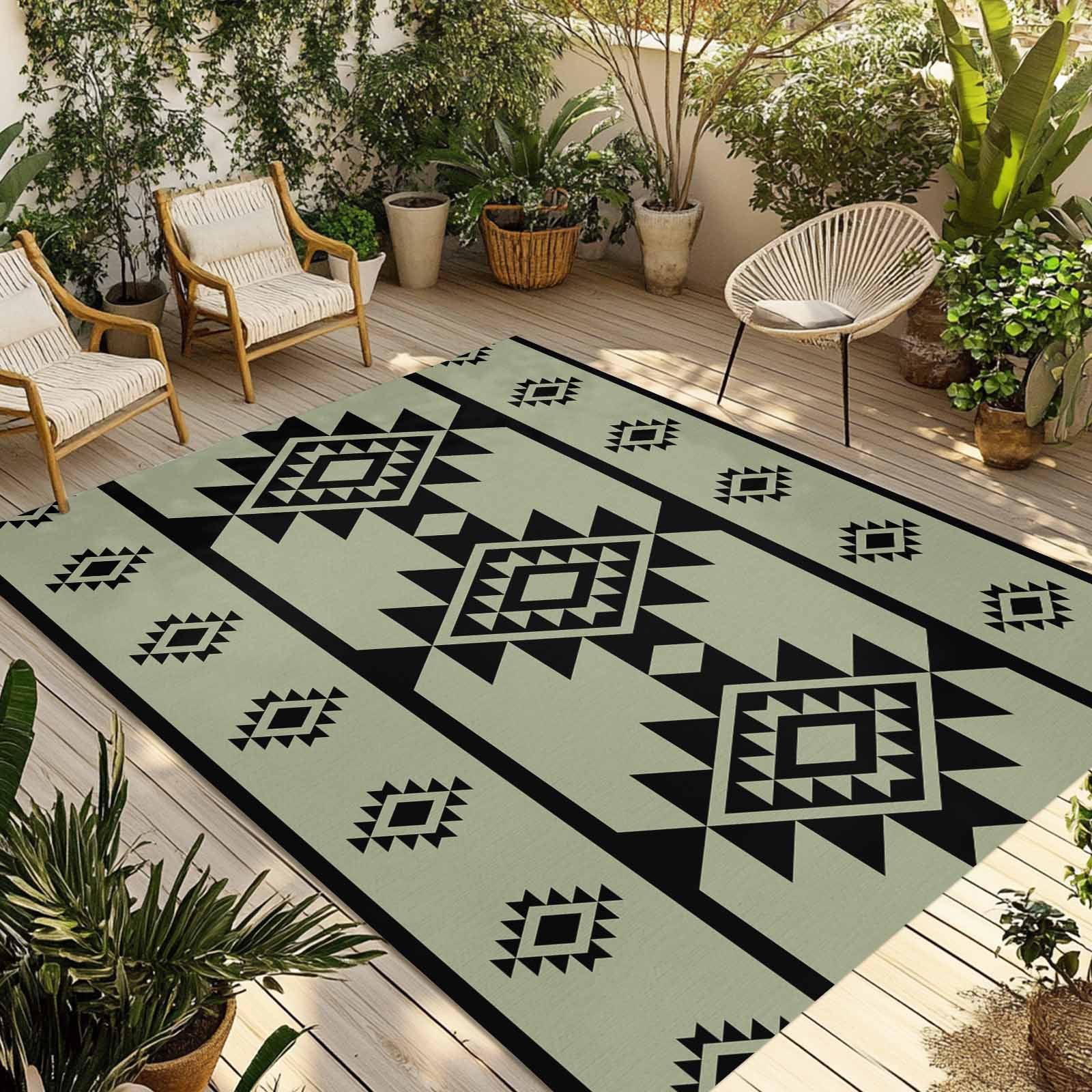 Fsddascl Sage Green Boho Outdoor Rug for Patio/Deck/Porch, Non-Slip Large Area Rug 6 x 9 Ft, Southwest Aztec Abstract Geometric Indoor Outdoor Rugs Washable Area Rugs, Reversible Camping Rug Carpet