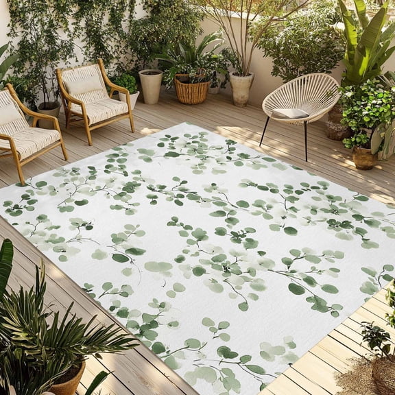 Fsddascl Sage Green Botanical Outdoor Rug for Patio/Deck/Porch, Non-Slip Large Area Rug 5 x 8 Ft, Eucalyptus Sprigs Watercolor Indoor Outdoor Rugs Washable Area Rugs, Reversible Camping Rug Carpet