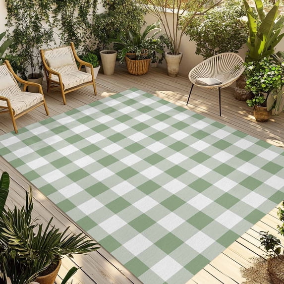 Fsddascl Sage Green Checkered Outdoor Rug for Patio/Deck/Porch, Non-Slip Large Area Rug 5 x 8 Ft, Farmhouse Buffalo Plaid Indoor Outdoor Rugs Washable Area Rugs, Reversible Camping Rug Carpet Runner