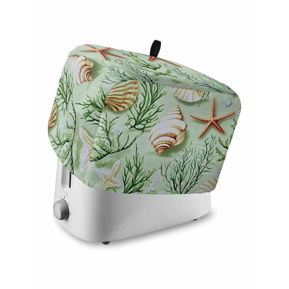 Fsddascl Sage Green Coastal Toaster Cover 4 Slice, Large Kitchen Appliance Covers, Summer Ocean Seaweed Shell Toaster Oven Cover with Loop, Bread Machine Cover Polyester Dust Cover Protection