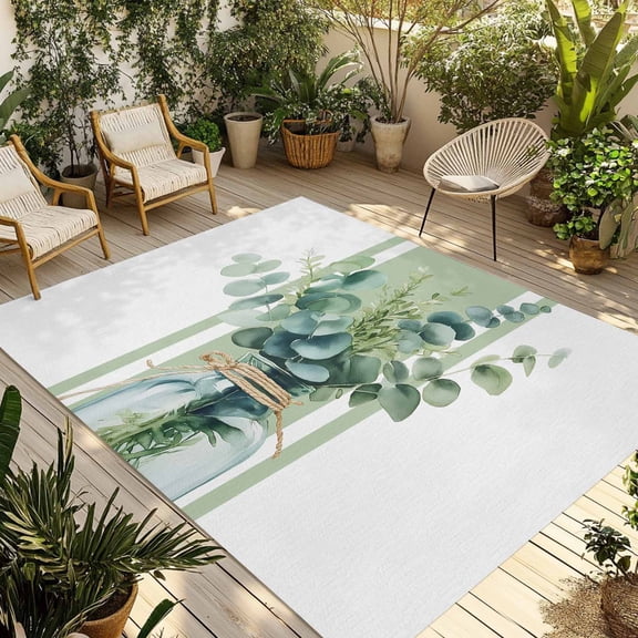 Fsddascl Sage Green Eucalyptus Leaves Outdoor Rug for Patio/Deck/Porch, Non-Slip Large Area Rug 4 x 6 Ft, Farmhouse Stripe Botanical Indoor Outdoor Rugs Washable Area Rugs, Camping Rug Carpet