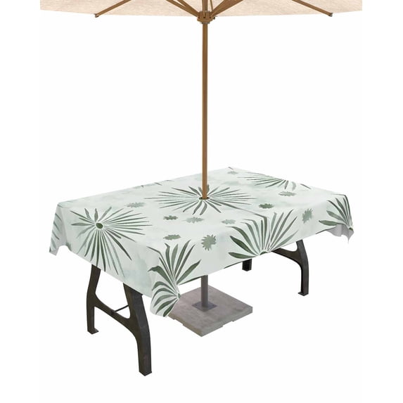 Fsddascl Sage Green Geometric Outdoor Tablecloth - 52x70 Inch Rectangle Dining Table Cover, Watercolor Color Block Art Waterproof Outdoor Table Cloth with Umbrella Hole & Zipper for Picnic/Patio