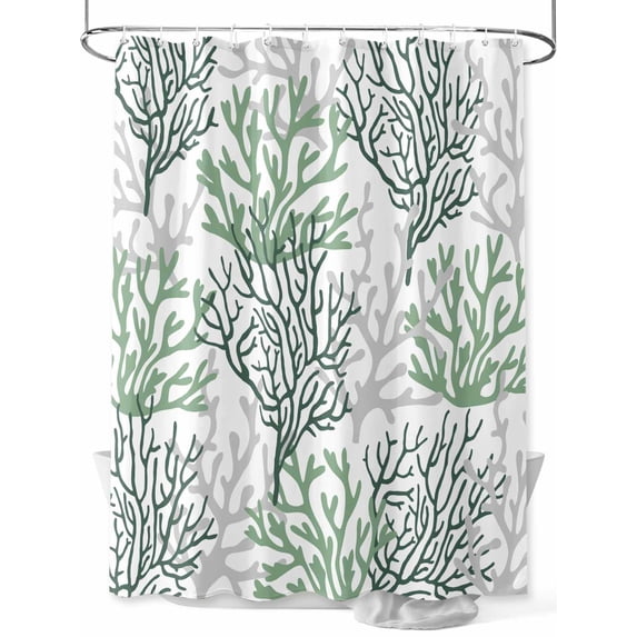 Fsddascl Sage Green Gray Coral Coastal Shower Curtain Set - 36" x 78" Bathtub Curtain with 12 Hooks, Summer Beach Seaside Nautical Waterproof Fabric Stall Shower Curtains for Bathroom/Bathtub