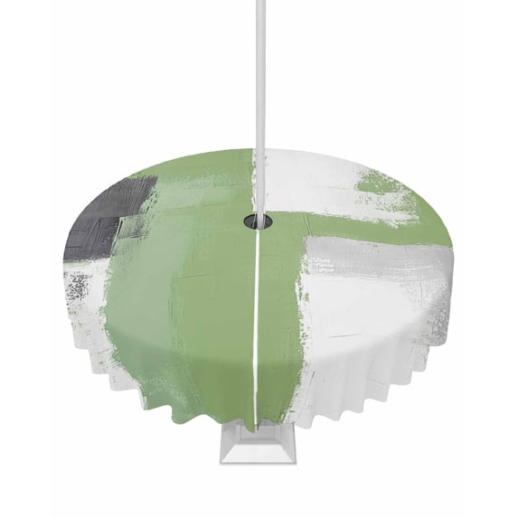 Fsddascl Sage Green Grey Outdoor Tablecloth - 60 Inch Round Dining Table Cover, Oil Painted Geometric Modern Abstract Waterproof Outdoor Table Cloth with Umbrella Hole & Zipper for Picnic/Patio