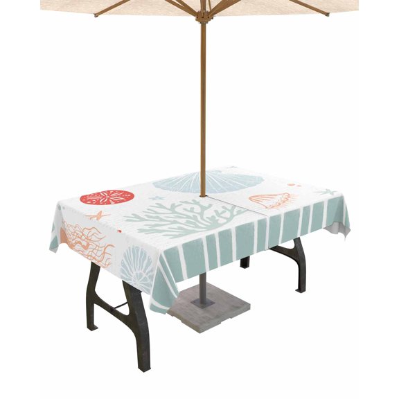 Fsddascl Sage Green Red Coastal Outdoor Tablecloth - 54x80 Inch Rectangle Table Cover, Ocean Nautical Starfish Coral Striped Waterproof Outdoor Table Cloth with Umbrella Hole & Zipper for Patio