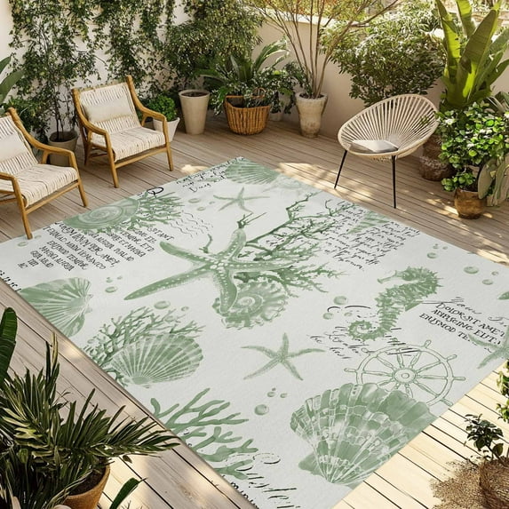Fsddascl Sage Green Starfish Outdoor Rug for Patio/Deck/Porch, Non-Slip Large Area Rug 5 x 8 Ft, Coastal Nautical Coral Rudder Shell Indoor Outdoor Rugs Washable Area Rugs, Camping Rug Carpet
