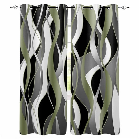 Fsddascl Sage Green Stripe Blackout Curtains for Bedroom/Living Room, Thermal Insulated Kitchen Curtains, Grey Moire Geometric Modern Abstract Grommet Darkening Window Treatment Drapes 52"x72"x2