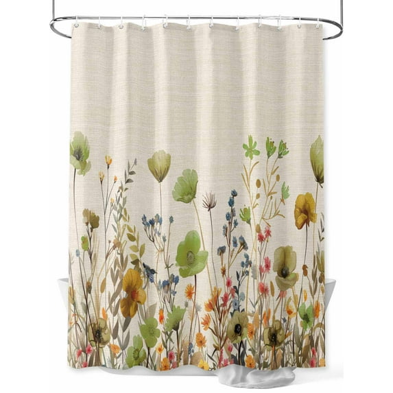 Fsddascl Sage Green Yellow Spring Floral Shower Curtain Set - 60" x 72" Bathtub Curtain with 12 Hooks, Watercolor Botanical Summer Flowers Waterproof Fabric Stall Shower Curtains for Bathroom