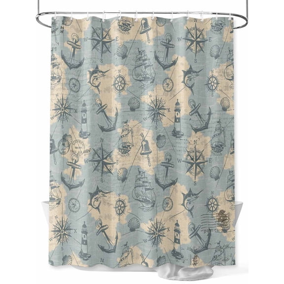 Fsddascl Sailing Anchor Shower Curtain Set - Small 36" x 72" Washable Bathtub Curtain with 12 Hooks, Retro Compass Lighthouse Fish Route Map Waterproof Fabric Stall Shower Curtains for Bathroom
