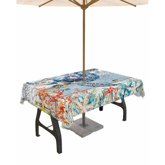 Fsddascl Sea Turtle Coastal Outdoor Tablecloth - 52x70 Inch Rectangle Dining Table Cover, Summer Beach Coral Starfish Wooden Waterproof Outdoor Table Cloth with Umbrella Hole & Zipper for Patio
