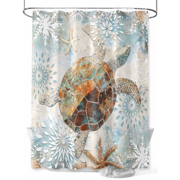 Fsddascl Sea Turtle Coastal Shower Curtain Set - Standard 72" x 72" Bathtub Curtain with 12 Hooks, Nautical Starfish Botanical Ocean Waterproof Fabric Stall Shower Curtains for Bathroom/Bathtub