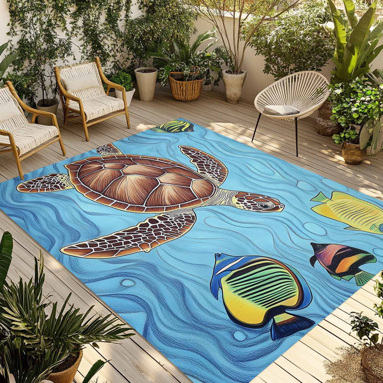 Fsddascl Sea Turtle Fish Outdoor Rug for Patio/Deck/Porch, Non