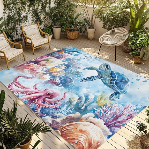 Fsddascl Sea Turtle Octopus Outdoor Rug for Patio/Deck/Porch, Non-Slip Large Area Rug 5 x 8 Ft, Coastal Coral Summer Ocean Watercolor Indoor Outdoor Rugs Washable Area Rugs, Camping Rug Carpet
