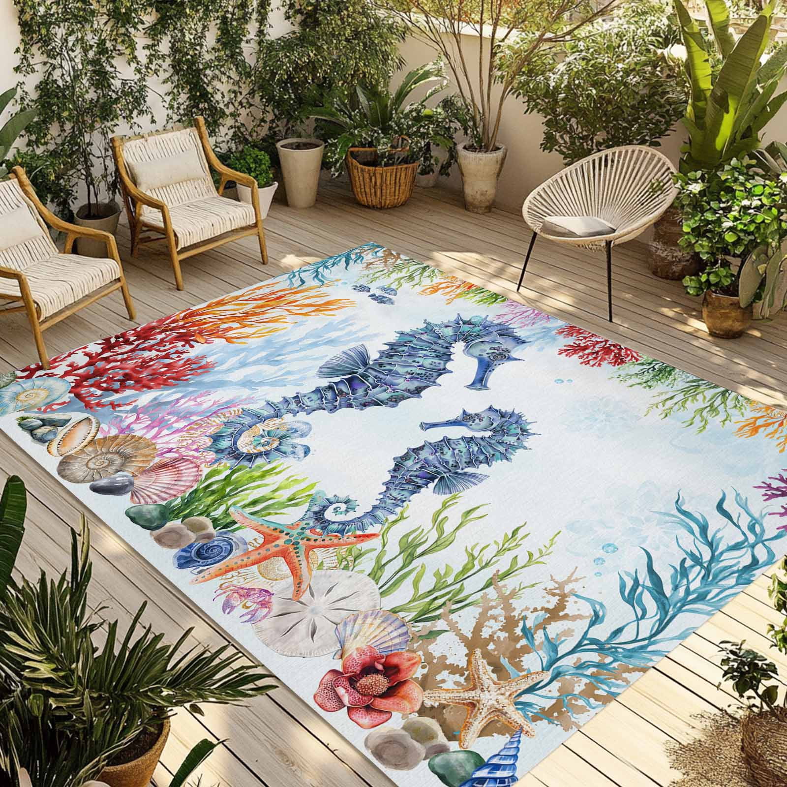 Fsddascl Seahorse Coastal Outdoor Rug for Patio/Deck/Porch, Non-Slip ...