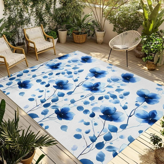 Fsddascl Seasonal Botanical Blooms Outdoor Rug for Patio/Deck/Porch, Non-Slip Large Area Rug 4 x 6 Ft, Blue Floral Watercolor Indoor Outdoor Rugs Washable Area Rugs, Reversible Camping Rug Carpet