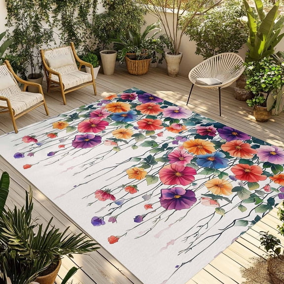Fsddascl Seasonal Botanical Blooms Outdoor Rug for Patio/Deck/Porch, Non-Slip Large Area Rug 4 x 6 Ft, Spring Garden Florals Indoor Outdoor Rugs Washable Area Rugs, Reversible Camping Rug Carpet