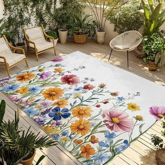 Fsddascl Seasonal Botanical Blooms Outdoor Rug for Patio/Deck/Porch, Non-Slip Large Area Rug 5 x 8 Ft, Watercolor Floral Indoor Outdoor Rugs Washable Area Rugs, Reversible Camping Rug Carpet Runner