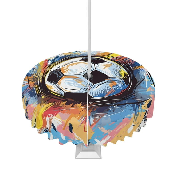 Fsddascl Soccer Outdoor Tablecloth - 60 Inch Round Dining Table Cover, Yellow Blue Pink Watercolor Abstract Art Sports Waterproof Outdoor Table Cloth with Umbrella Hole & Zipper for Picnic/Patio