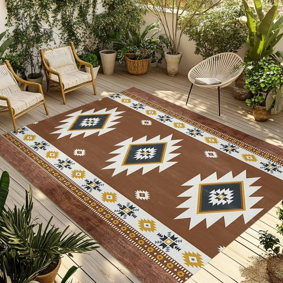 Fsddascl Southwest Outdoor Rug for Patio/Deck, Non-Slip Large Area Rug 5 x 8 Ft, Western Brown Yellow Geometric Abstract Art Wooden Indoor Outdoor Rugs Washable Area Rugs, Camping Rug Carpet