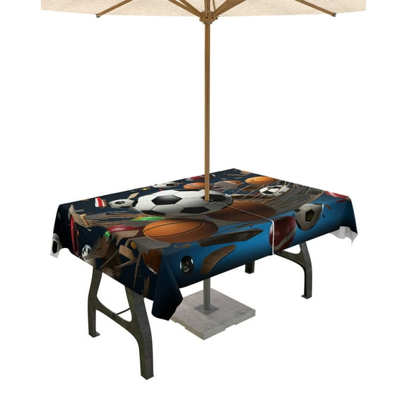 Fsddascl Sports Outdoor Tablecloth - 54x80 Inch Rectangle Dining Table Cover, Football Basketball Baseball Ball Games Waterproof Outdoor Table Cloth with Umbrella Hole & Zipper for Picnic/Patio