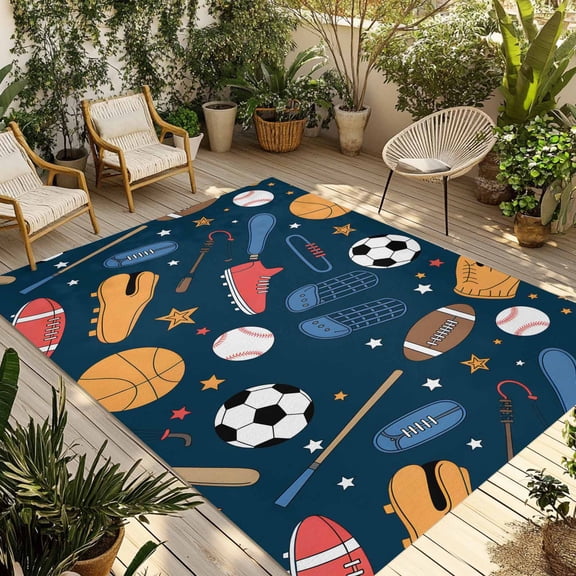 Fsddascl Sports Theme Outdoor Rug for Patio/Deck, Non-Slip Large Area Rug 4 x 6 Ft, Cartoon Soccer Baseball Basketball Star Blue Indoor Outdoor Rugs Washable Area Rugs, Camping Rug Carpet Runner