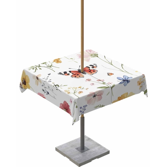 Fsddascl Spring Botanical Floral Outdoor Tablecloth - 60x60 Inch Square Dining Table Cover, Rustic Butterfly Flowers Waterproof Outdoor Table Cloth with Umbrella Hole & Zipper for Picnic/Patio/Party