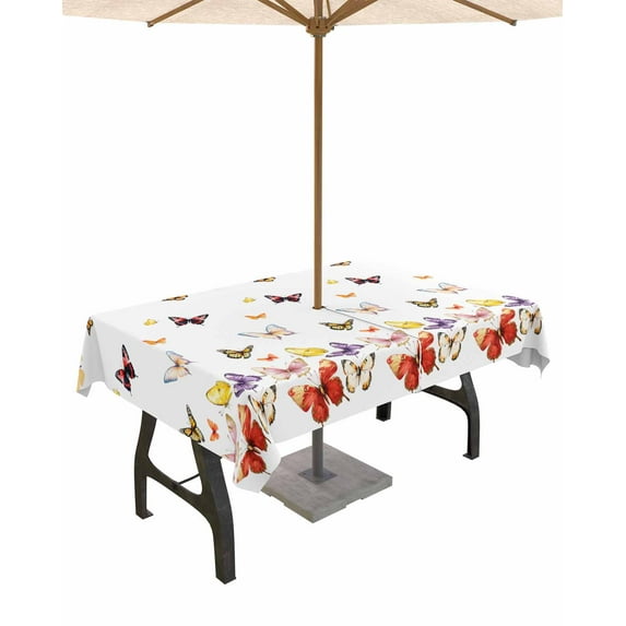 Fsddascl Spring Butterfly Colorful Outdoor Tablecloth - 54x80 Inch Rectangle Dining Table Cover, Animals Summer Country Waterproof Outdoor Table Cloth with Umbrella Hole & Zipper for Picnic/Patio