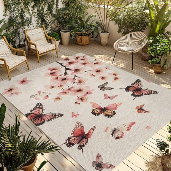 Fsddascl Spring Butterfly Outdoor Rug for Patio/Deck/Porch, Non-Slip Large Area Rug 4 x 6 Ft, Pink Botanical Flowers Retro Farmhouse Indoor Outdoor Rugs Washable Area Rugs, Camping Rug Carpet