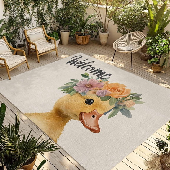 Fsddascl Spring Duck Outdoor Rug for Patio/Deck/Porch, Non-Slip Large Area Rug 4 x 6 Ft, Botanical Blossom Motif Country Florals Indoor Outdoor Rugs Washable Area Rugs, Reversible Camping Rug Carpet