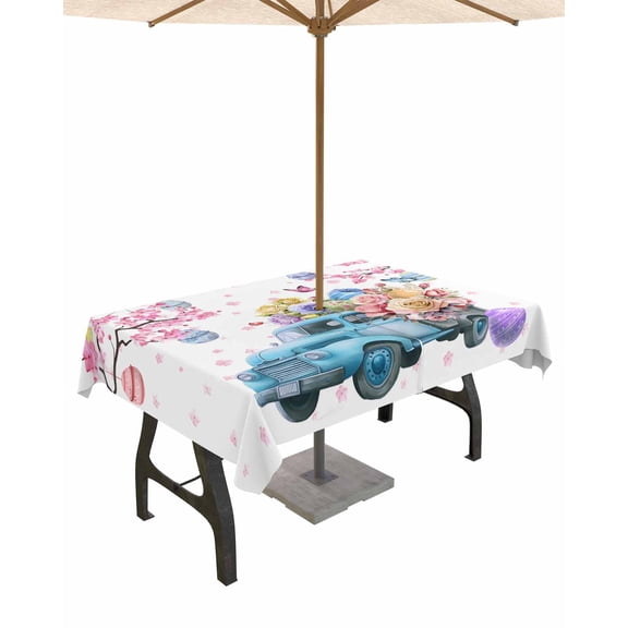 Fsddascl Spring Easter Outdoor Tablecloth - 52x70 Inch Rectangle Dining Table Cover, Easter Eggs Tree Floral Blue Truck Waterproof Outdoor Table Cloth with Umbrella Hole & Zipper for Picnic/Patio