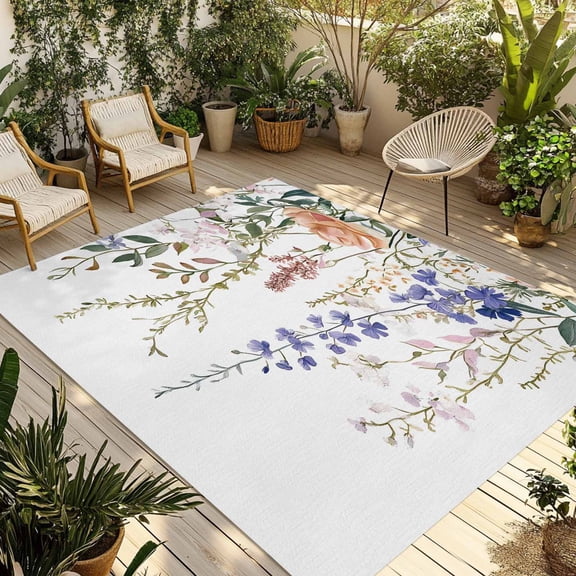 Fsddascl Spring Floral Leaves Outdoor Rug for Patio/Deck/Porch, Non-Slip Large Area Rug 4 x 6 Ft, Farmhouse Vintage Flowers Indoor Outdoor Rugs Washable Area Rugs, Reversible Camping Rug Carpet