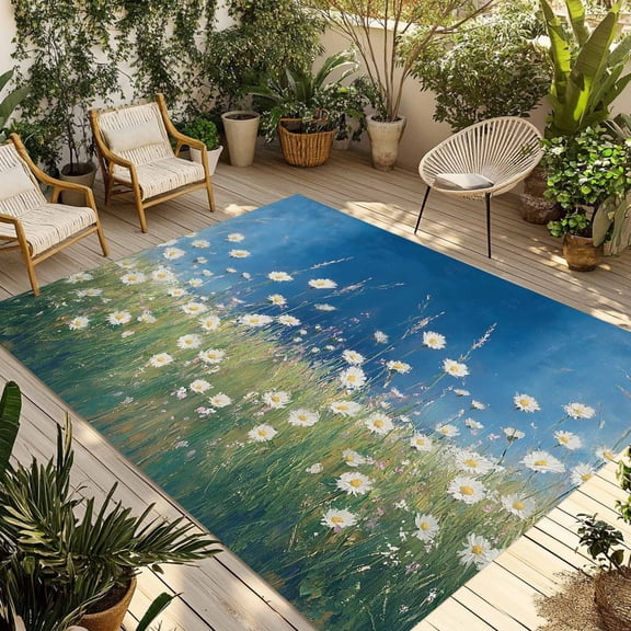 Fsddascl Spring Floral Outdoor Rug for Patio/Deck/Porch, Non-Slip Large Area Rug 4 x 6 Ft, Modern Oil Painting Pastoral Flower Green White Indoor Outdoor Rugs Washable Area Rugs, Camping Rug Carpet