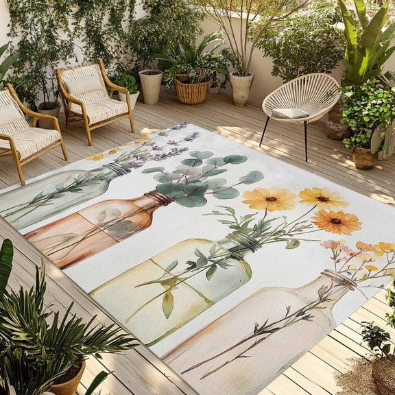 Fsddascl Spring Floral Outdoor Rug for Patio/Deck/Porch, Non-Slip Large Area Rug 4 x 6 Ft, Watercolor Summer Botanical Farmhouse Indoor Outdoor Rugs Washable Area Rugs, Reversible Camping Rug Carpet