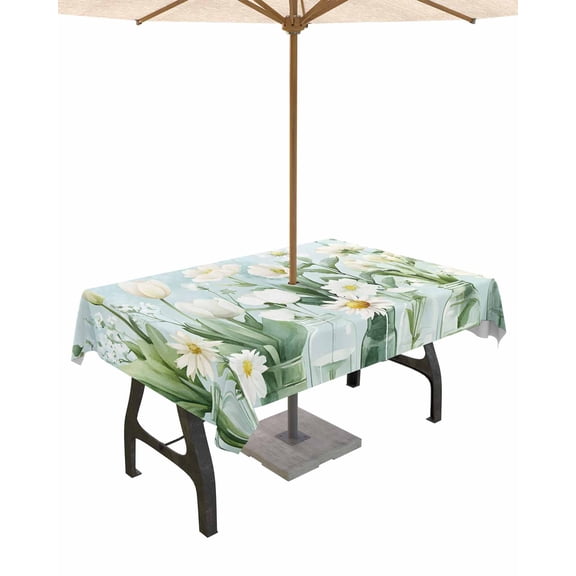 Fsddascl Spring Floral Outdoor Tablecloth - 52x70 Inch Rectangle Dining Table Cover, Summer Daisy Tulip Flowers Vases Waterproof Outdoor Table Cloth with Umbrella Hole & Zipper for Picnic/Patio