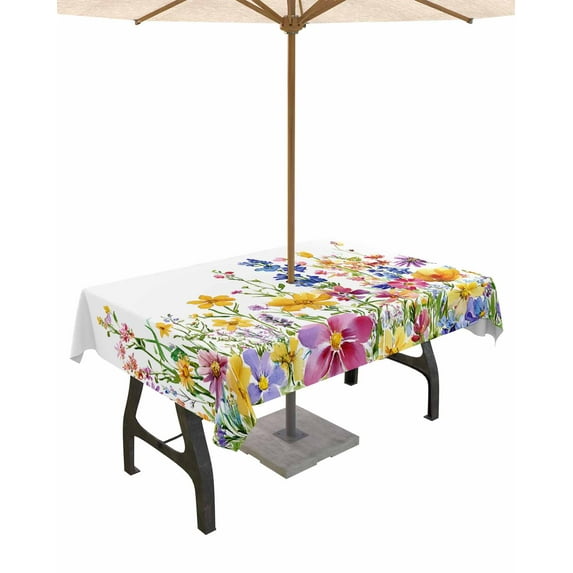Fsddascl Spring Floral Outdoor Tablecloth - 52x70 Inch Rectangle Dining Table Cover, Summer Watercolor Botanical Colorful Waterproof Outdoor Table Cloth with Umbrella Hole & Zipper for Picnic/Patio