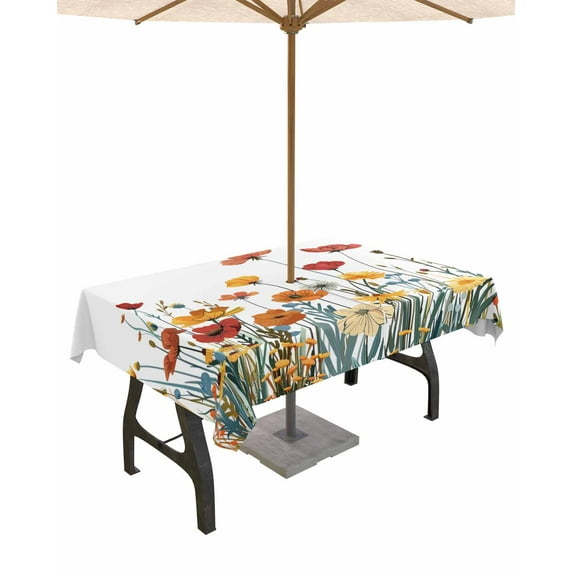 Fsddascl Spring Floral Outdoor Tablecloth - 54x80 Inch Rectangle Dining Table Cover, Watercolor Elegant Botanical Summer Waterproof Outdoor Table Cloth with Umbrella Hole & Zipper for Picnic/Patio