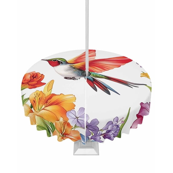 Fsddascl Spring Floral Outdoor Tablecloth - 60 Inch Round Dining Table Cover, Pastoral Summer Botanical Flowers Birds Waterproof Outdoor Table Cloth with Umbrella Hole & Zipper for Picnic/Patio