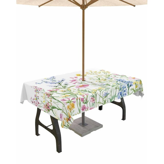Fsddascl Spring Floral Outdoor Tablecloth - 60x102 Inch Rectangle Dining Table Cover, Colorful Watercolor Botanical Summer Waterproof Outdoor Table Cloth with Umbrella Hole & Zipper for Picnic/Patio